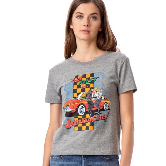 Jordache vintage Race Car Checkered Carla Graphic crewneck Screen tshirt Croptop - Picture 2 of 8